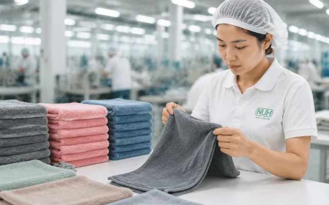 Quality inspector checking microfiber coral fleece towels in NUH Textile manufacturing facility
