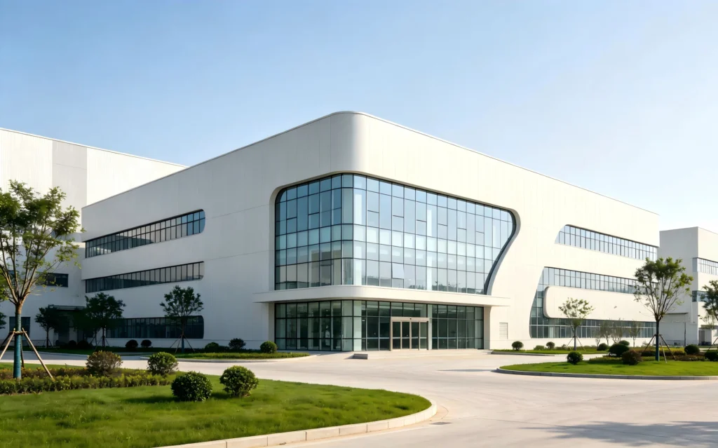Modern exterior view of NUH textile factory, professional manufacturer of disposable facial towels, microfiber sports towels and kitchen cleaning towels