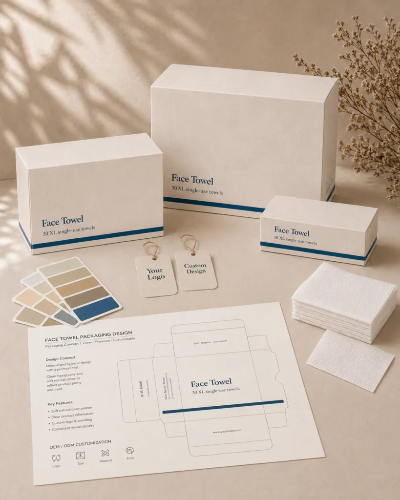 Private label disposable face towel packaging design with 10, 30 and 50-count boxes
