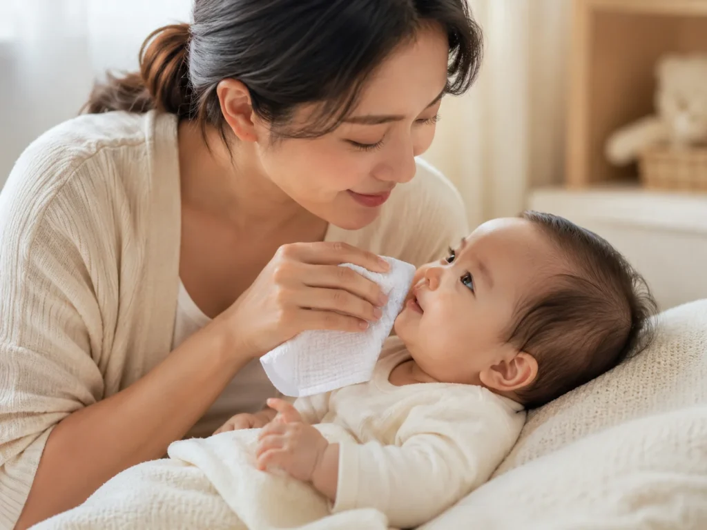Mother cleaning her baby’s face with a disposable face towel