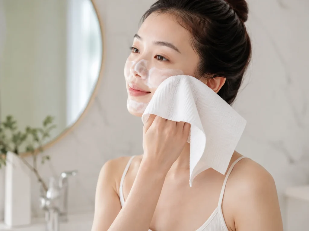 Woman cleansing her face with a disposable face towel