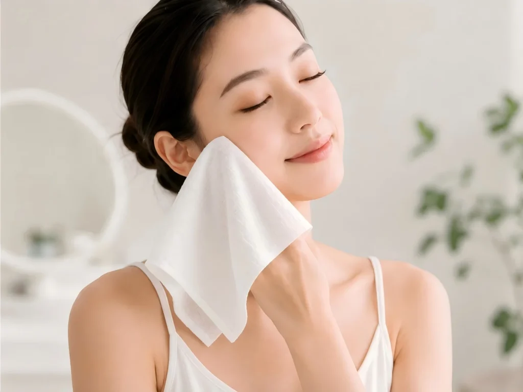 Woman drying her face with a disposable face towel