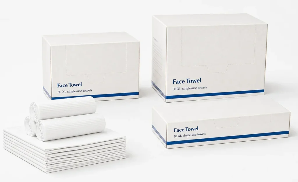10, 30 and 50-count disposable face towel box packaging options