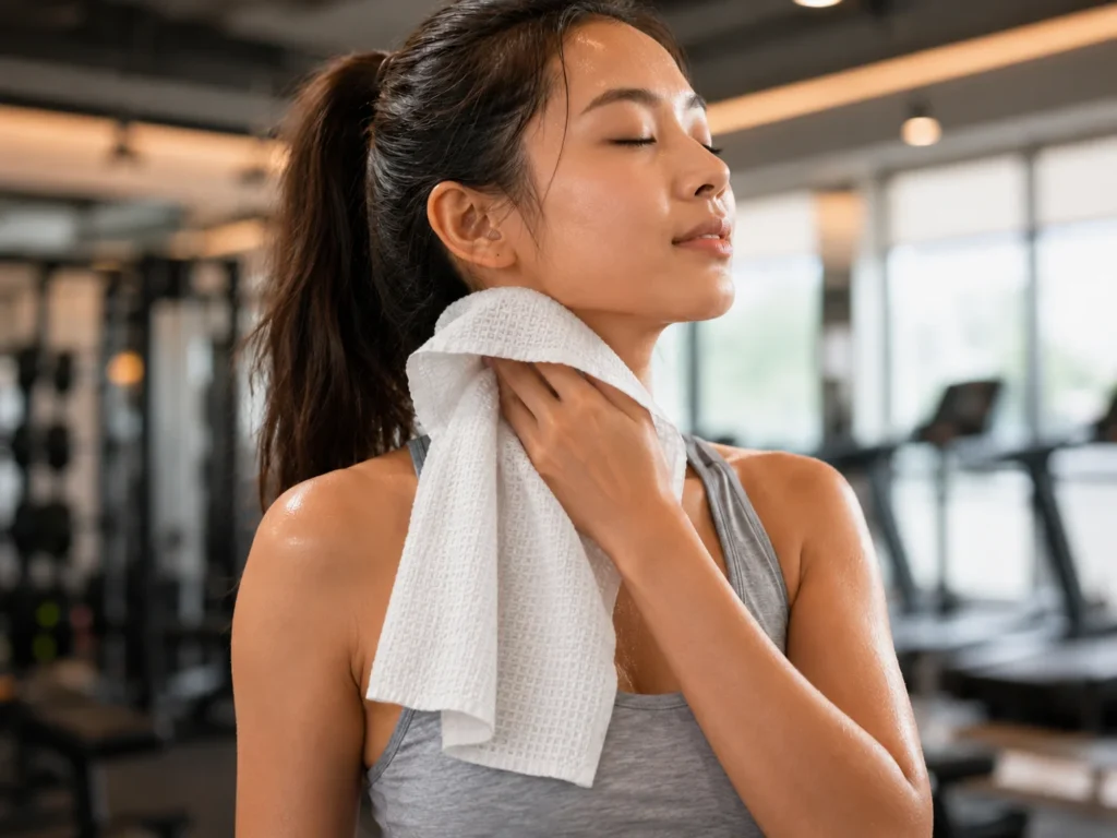 Woman wiping sweat with a disposable face towel after a workout