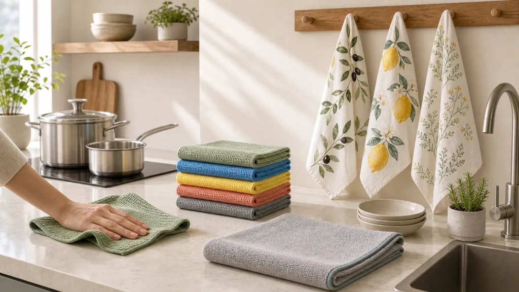Microfiber kitchen cleaning cloths and printed cotton tea towels in a modern cream kitchen