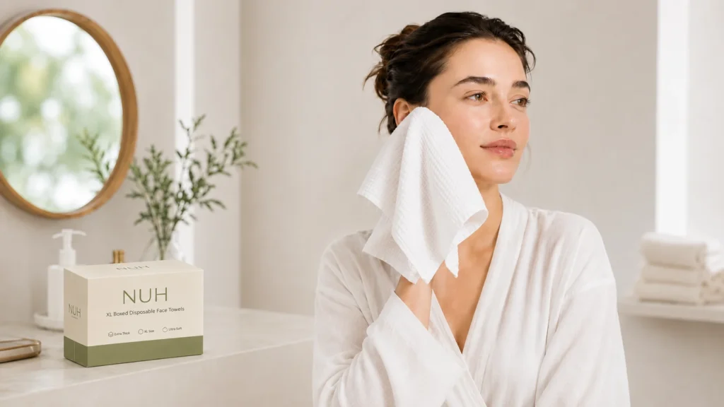 Woman using NUH Textile boxed disposable face towel for skincare