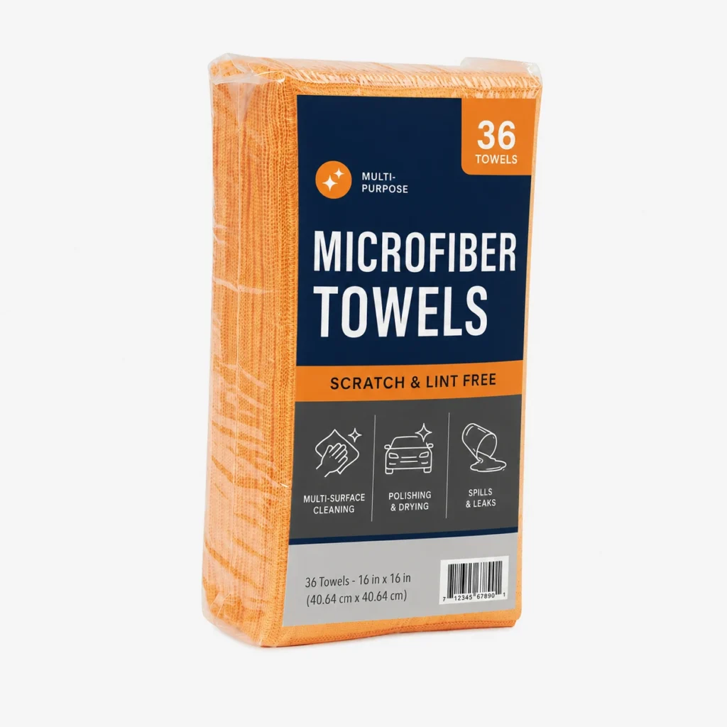 Orange microfiber cleaning cloths in a 36-piece retail pack