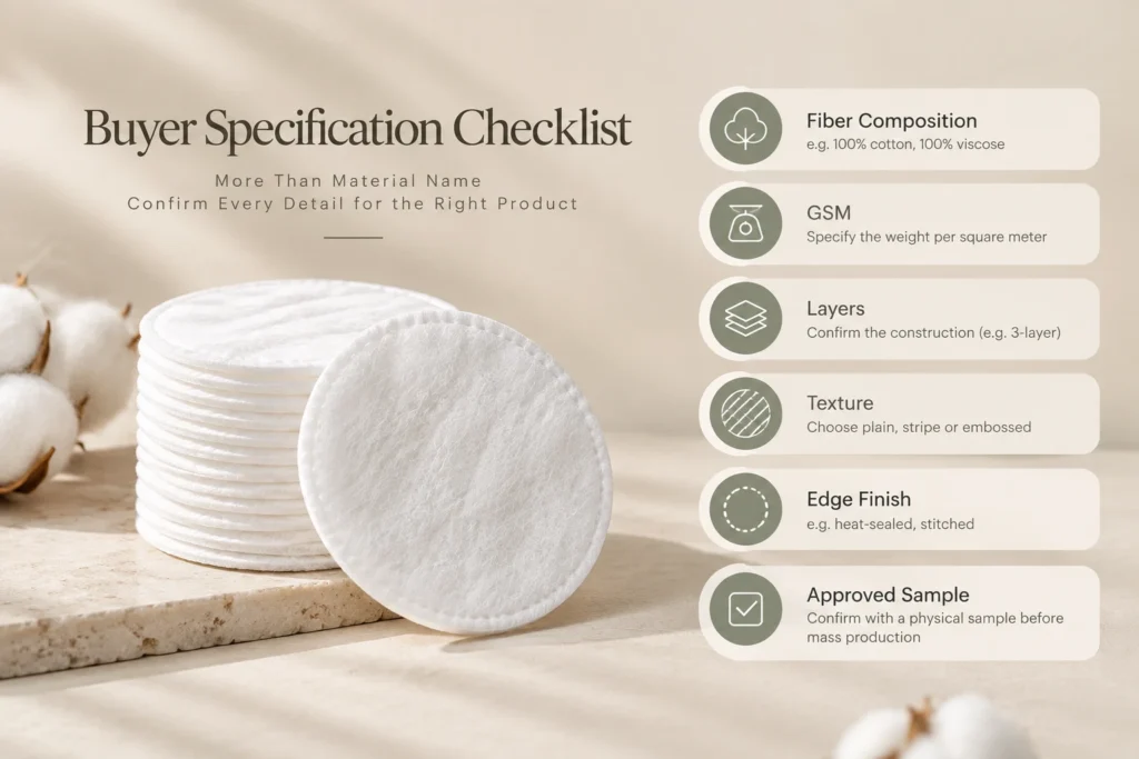 Cotton pad buyer checklist covering fiber composition, GSM, layers, texture, edge finish and approved samples