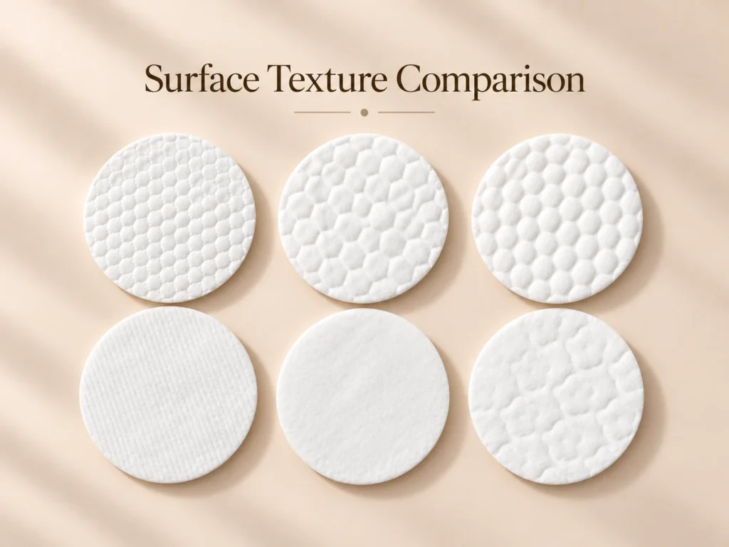 Six round cosmetic cotton pads showing different dotted, ribbed, plain and embossed surface textures