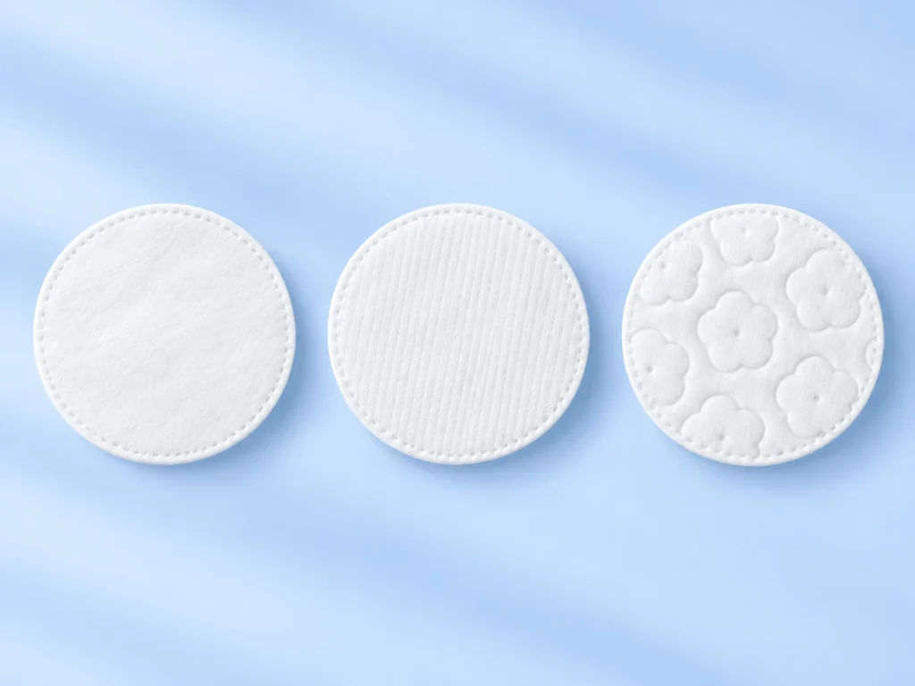 Round cotton pads showing plain, stripe and embossed surface texture options