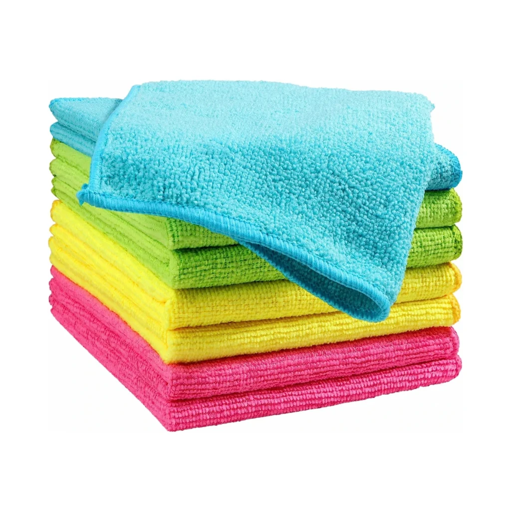Stacked blue green yellow and pink microfiber cleaning cloths