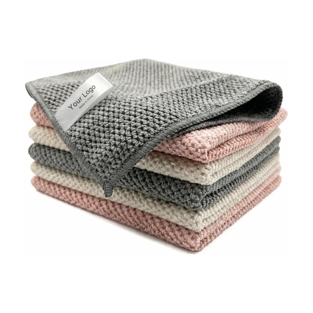 Stack of grey, pink and off-white corn grain microfiber cleaning cloths with custom label