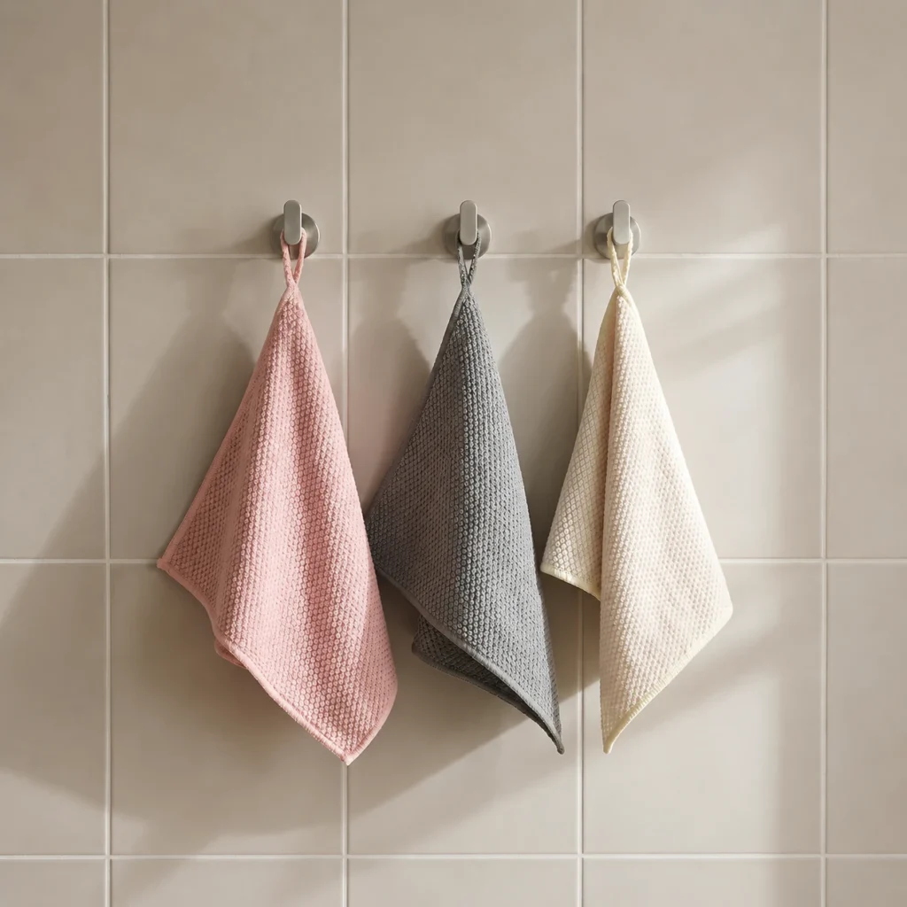 Pink, grey and off-white textured microfiber cleaning cloths hanging by loops