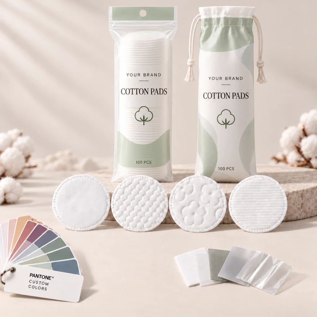 Custom cotton pad development image showing resealable bag packaging, drawstring bag packaging, round cotton pads with different embossing patterns, Pantone custom colors and material swatches