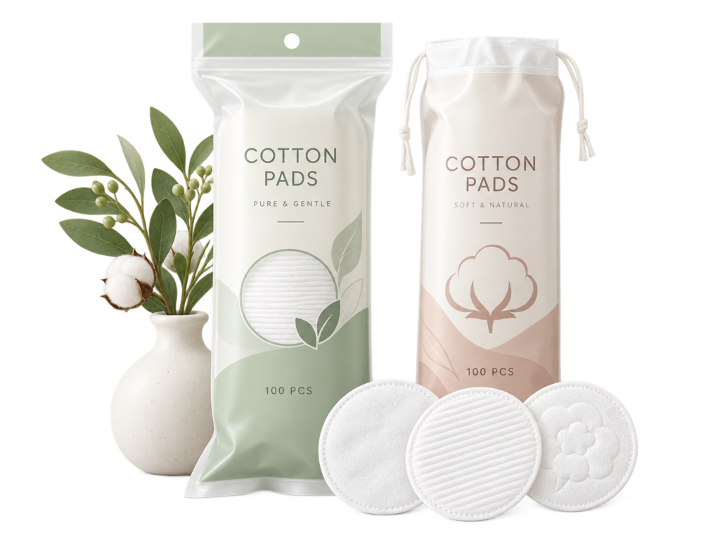 Transparent product display of custom cotton pads with resealable and drawstring bag packaging for OEM and private label projects