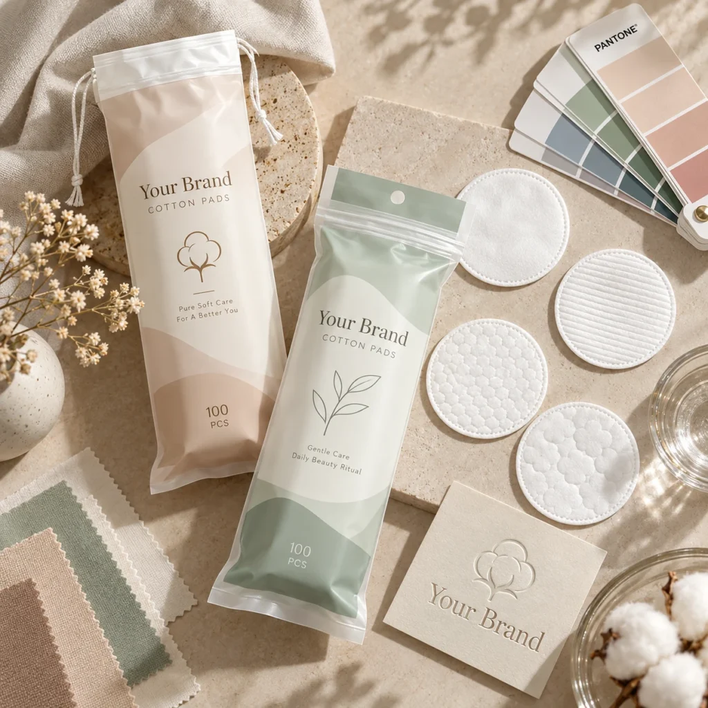 Custom cotton pad private label concept with bag packaging, Pantone color options, round texture samples and branding elements