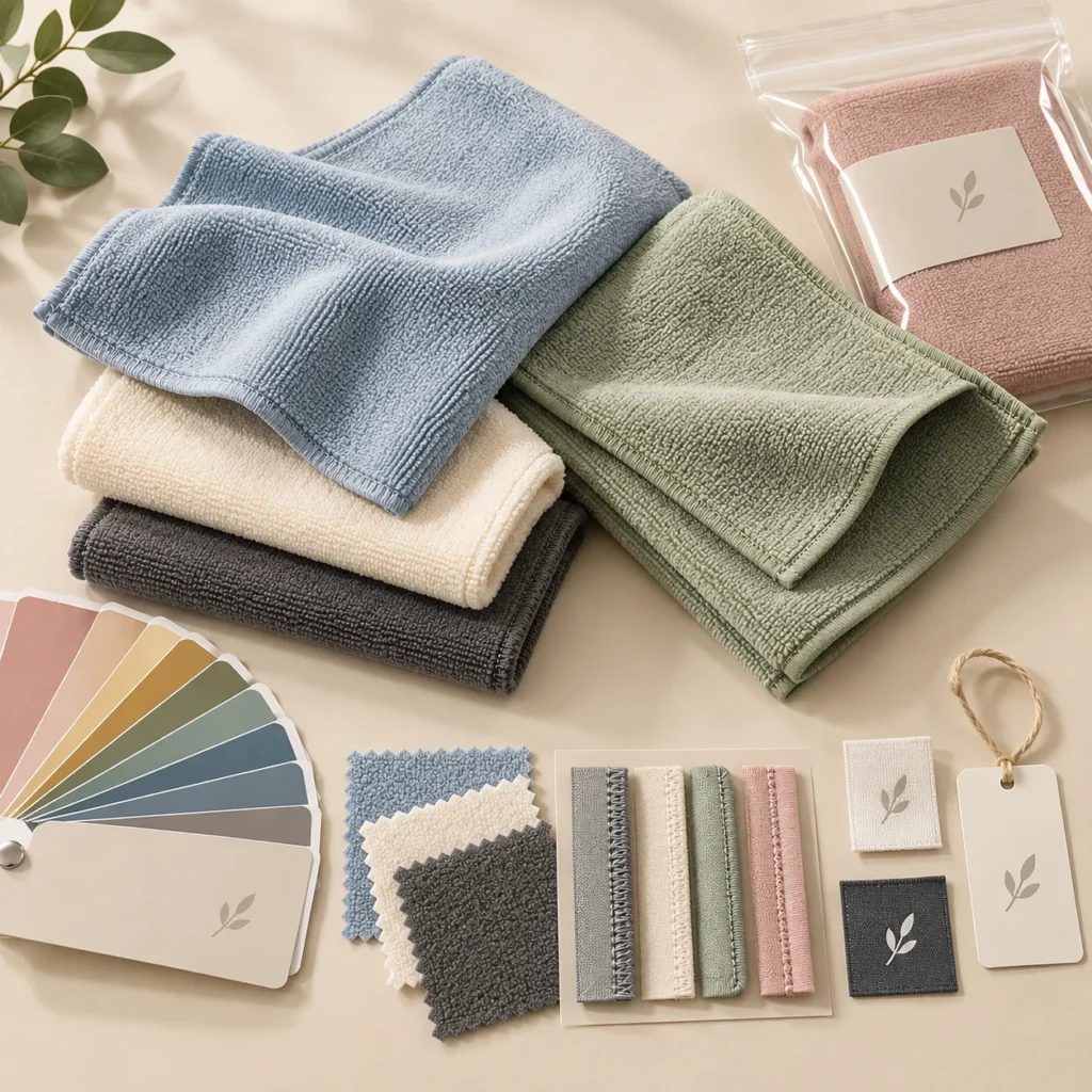 Custom microfiber cleaning cloth options with color swatches, edge finishes, labels and packaging