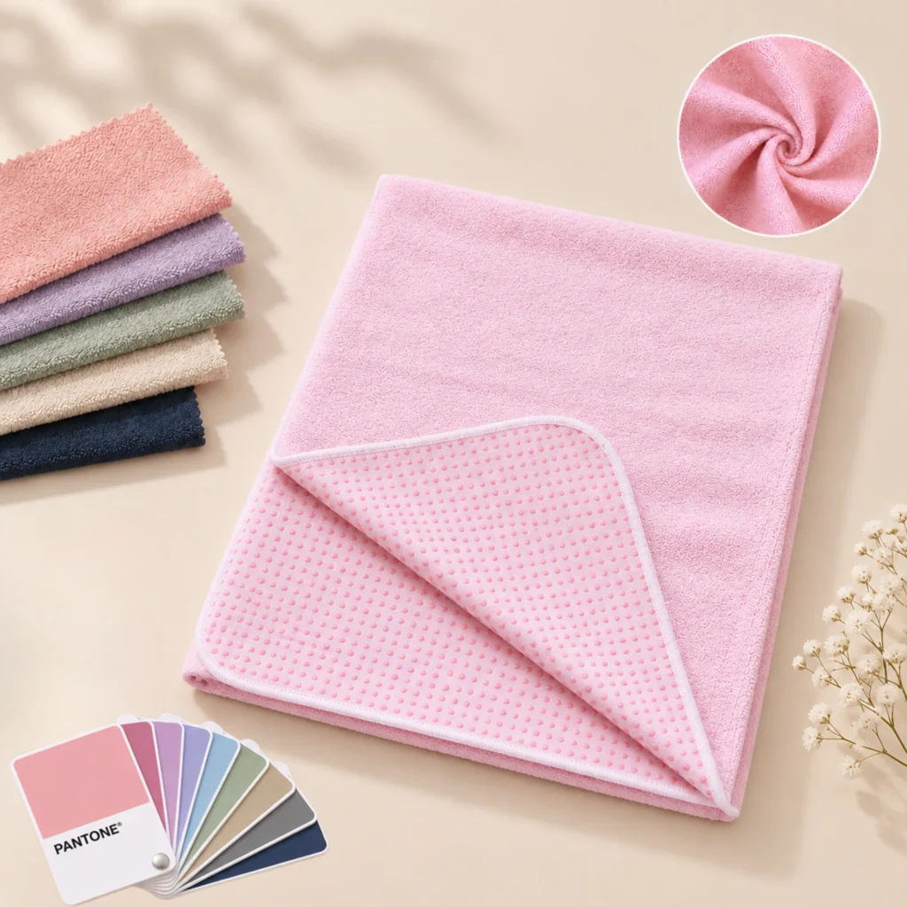Custom yoga towel flat lay showing microfiber surface, silicone grip backing and Pantone color customization options
