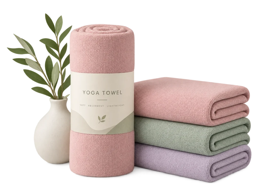 Rolled and folded custom yoga towels in soft neutral colors with private label paper sleeve