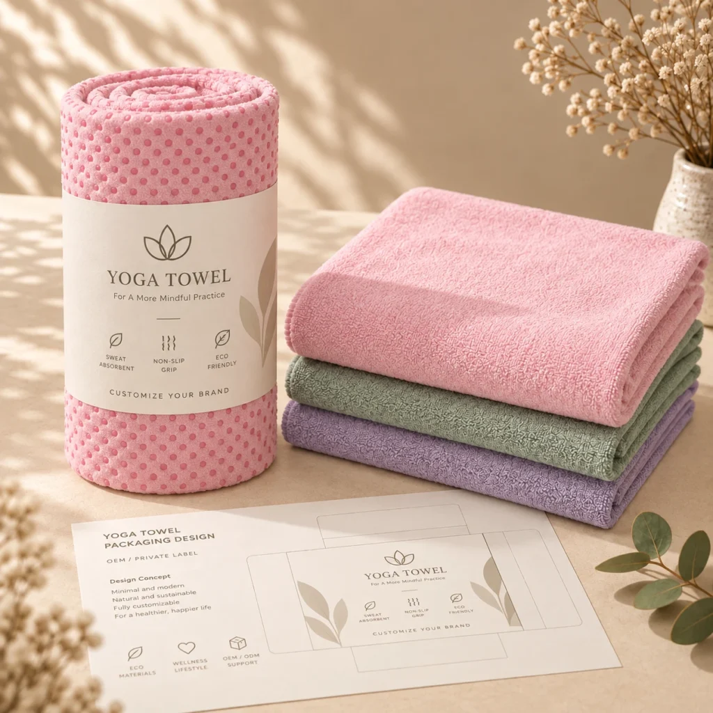 Custom yoga towel private label display featuring a rolled pink yoga towel with silicone grip backing, customizable belly band packaging, folded color options and packaging design sheet