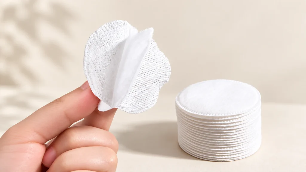 Hand holding an opened three-layer cosmetic cotton pad to show its outer layers and inner layer