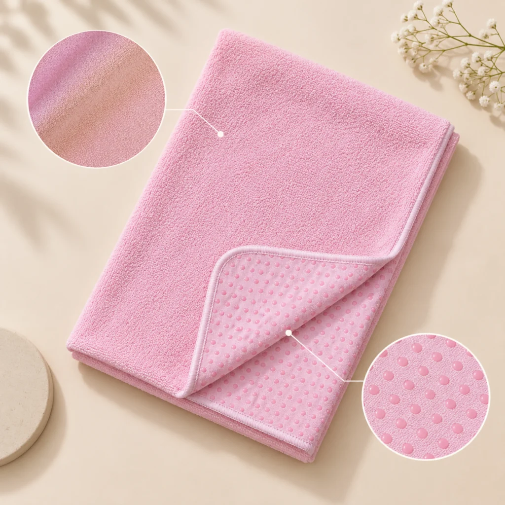 Custom yoga towel showing microfiber fabric texture and silicone grip backing details