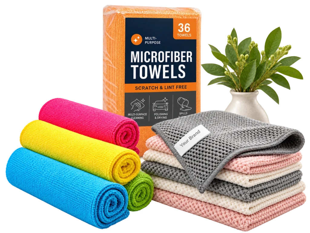 Custom microfiber cleaning cloths with 36-pack retail packaging, colorful rolled towels and corn-grain textured cloths