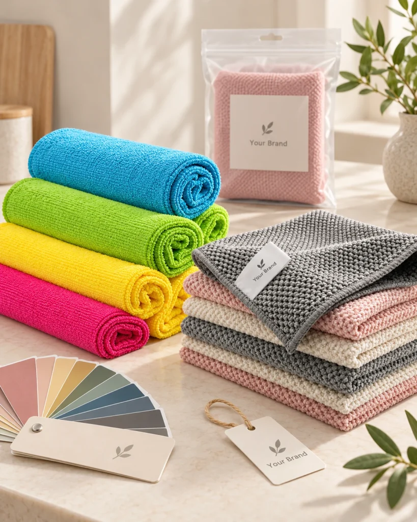 Custom microfiber cleaning cloths with color options, branded labels and private label packaging