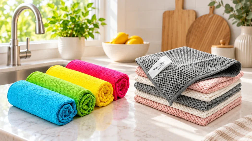 Colorful rolled microfiber cleaning cloths and stacked textured cleaning cloths displayed on a kitchen countertop