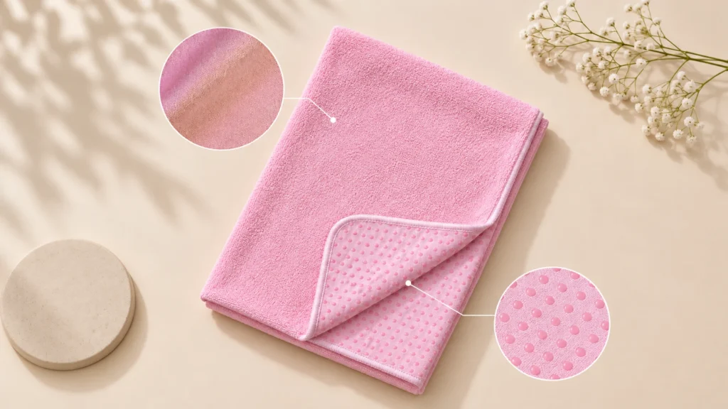 Pink yoga towel showing microfiber surface and silicone dot backing details